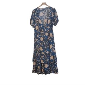 Knox Rose Rayon Blue and Cream Floral Wrap Dress with Tiered Ruffles, Size Large